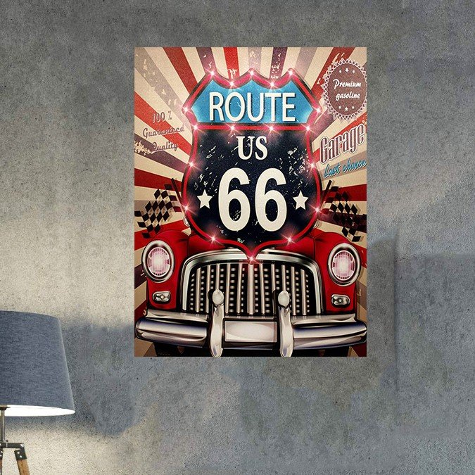 plc 0485 placa decorativa route 66 us carro vermelho 1